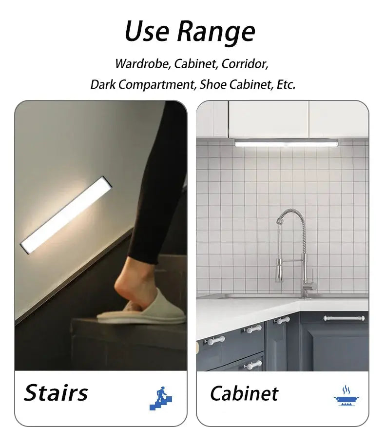 LED motion sensor light, white, wireless USB, Simples Market, shown for stairs and cabinet.
