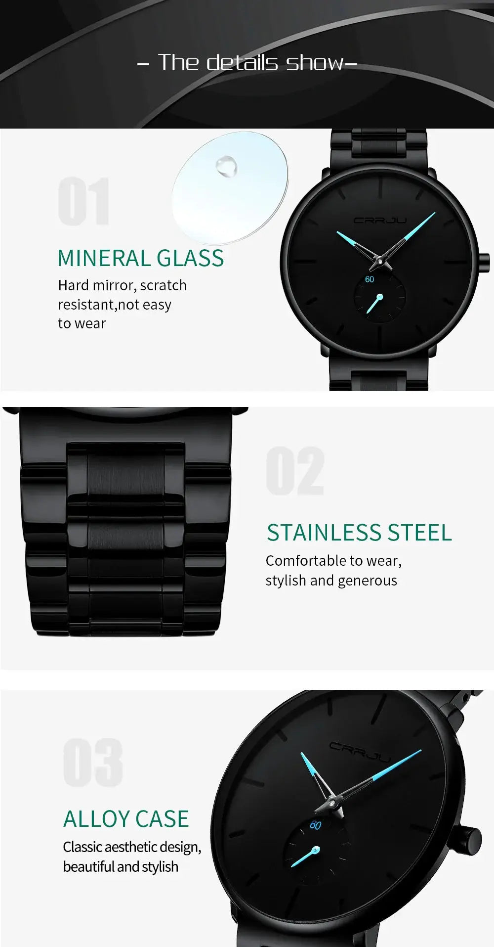 CRRJU men's stainless steel wristwatch with black dial, turquoise hands, metal bracelet
