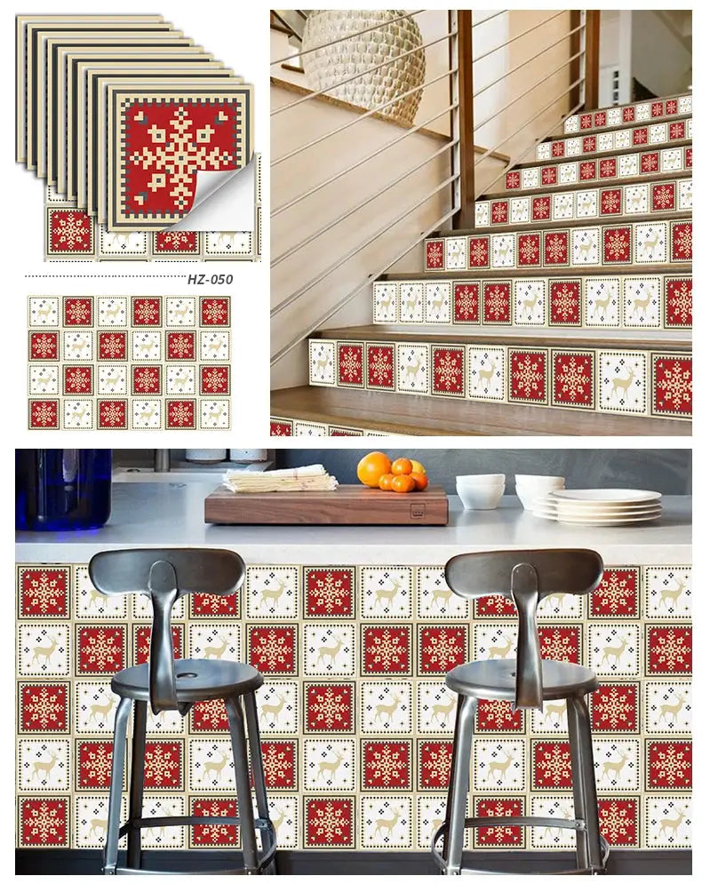 24pcs tile sticker set from Simples Market; light-color, self-adhesive waterproof wall decals with red/cream patterns.