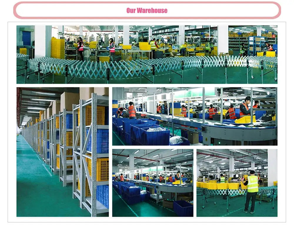 Simples Market warehouse collage showing assembly lines, tall shelving, and workers at work.