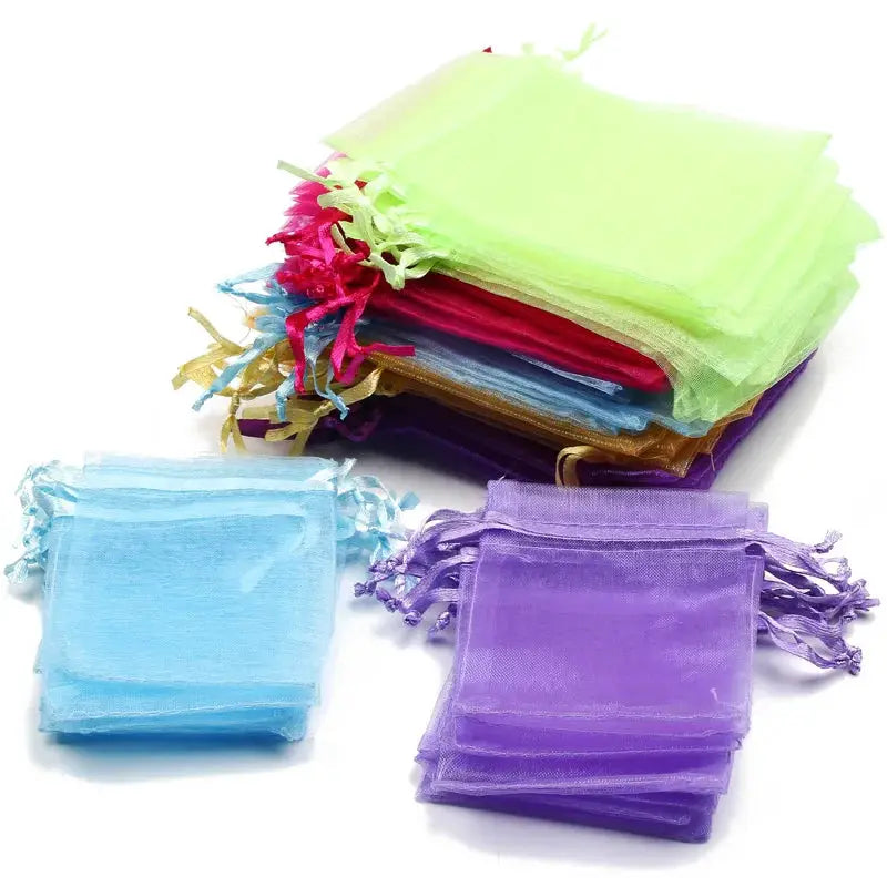 50 Pieces Drawstring Organza Gift Bags For Jewelry Packaging Wedding Party Four Sizes 7x9 Cm 9x12 Cm 10x15 Cm 13x18 Cm