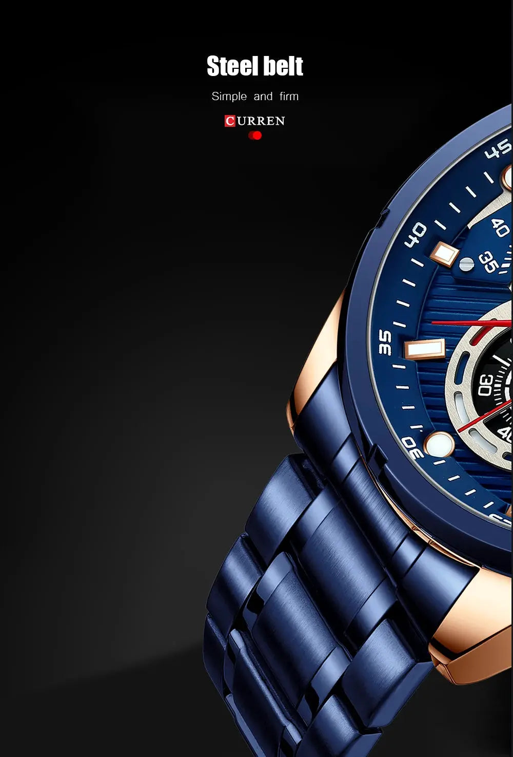 CURREN blue stainless steel men's chronograph watch with blue bezel and steel bracelet