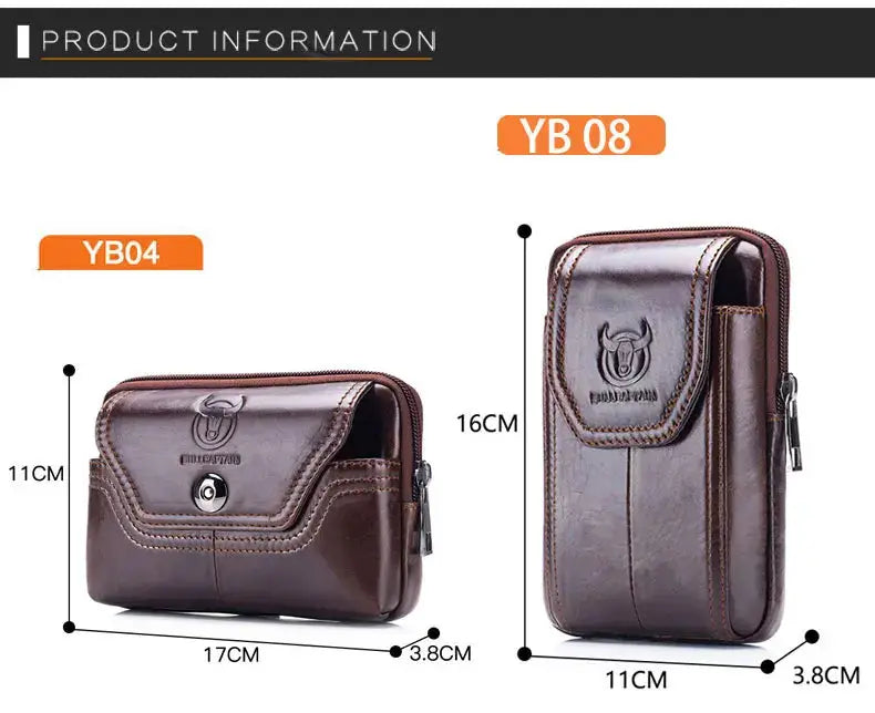 BullCaptain men's brown leather waist packs (pair) with front flaps and zippers