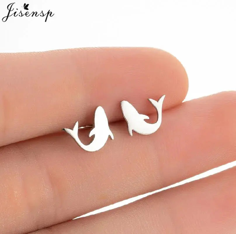 Stainless steel hummingbird-shaped stud earrings, silver-tone pair by Jisensp