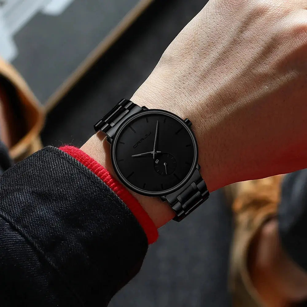CRRJU stainless steel men's watch with black dial and linked bracelet