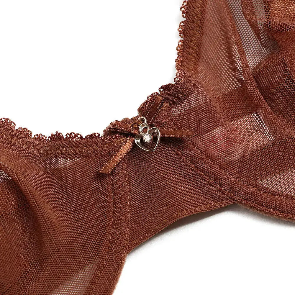 Lace mesh bra by Simples Market in brown, see-through unlined design with bow and heart charm