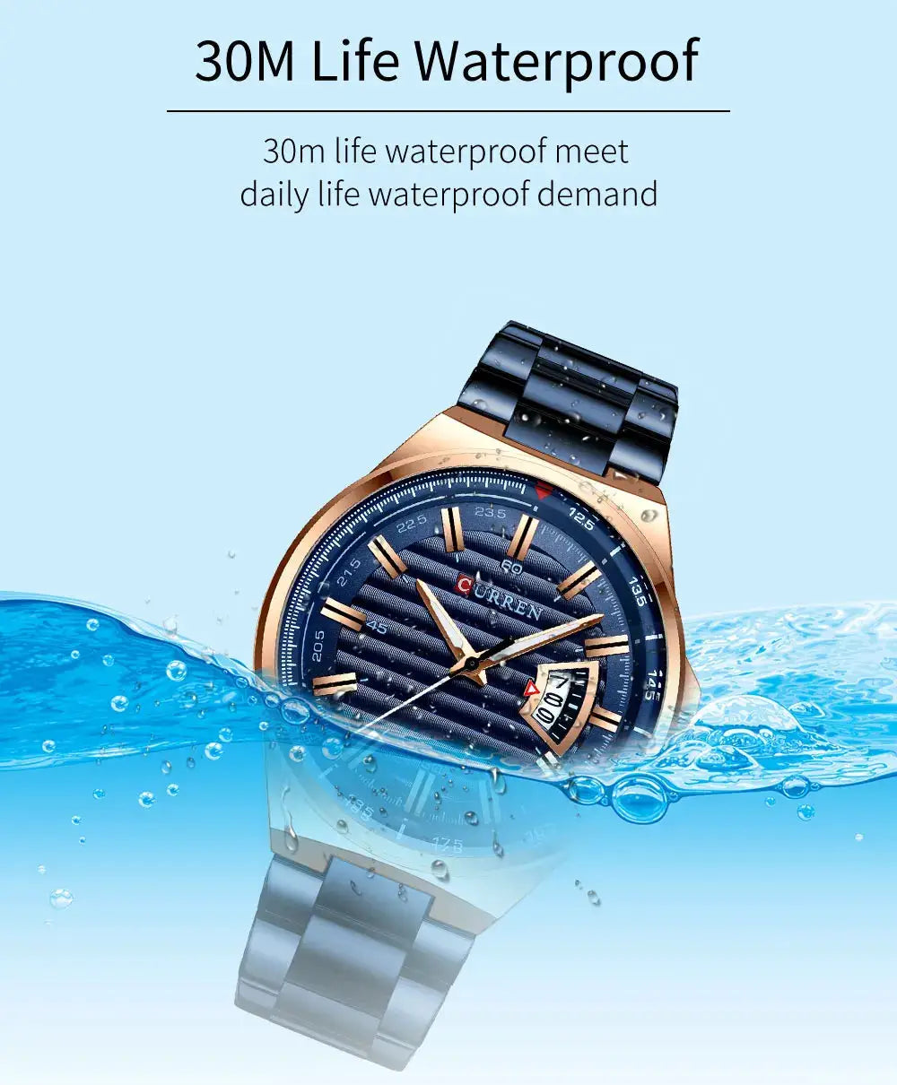 CURREN men's luxury watch with blue dial, date window, gold-tone case and stainless steel band
