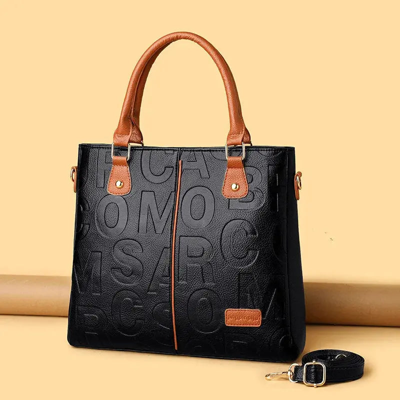 Simples Market PU leather tote bag, black with tan handles, large-capacity crossbody shoulder bag with detachable strap.