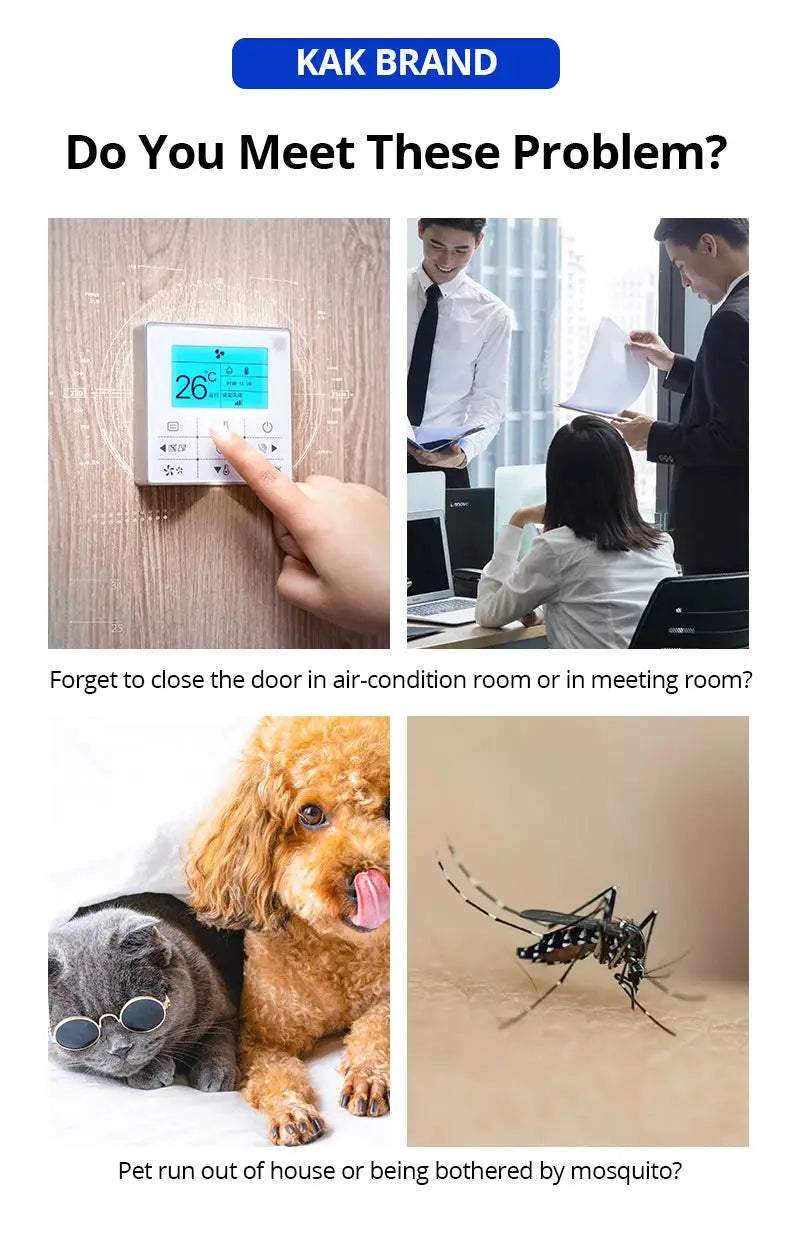 Soft closing automatic door closer collage by KAK Brand showing common problems: thermostat, meeting, pets, mosquitoes.