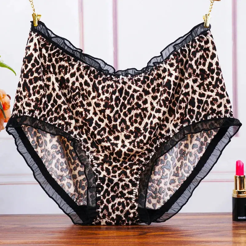 Simples Market leopard print mid-rise panties with black lace trim and sheer mesh panels