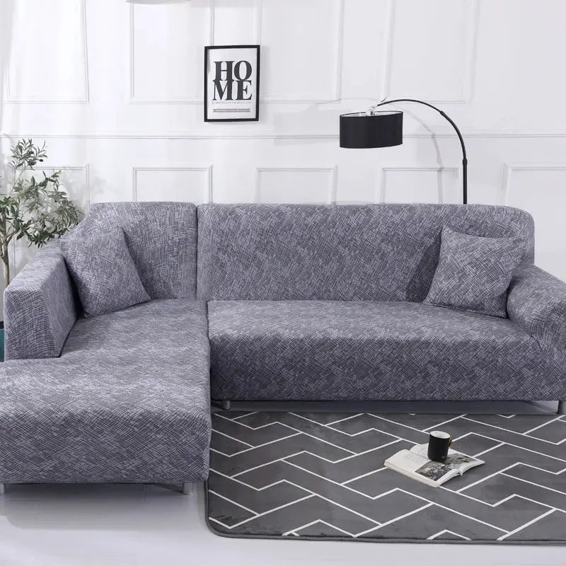 Sofa cover for L-shaped corner sofa in grey stretch-printed fabric by Simples Market
