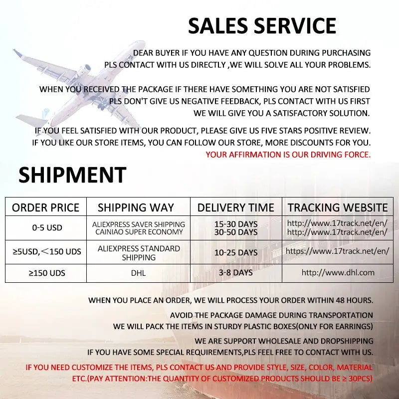 Sales service and shipment information page with airplane graphic, order table, and delivery times.
