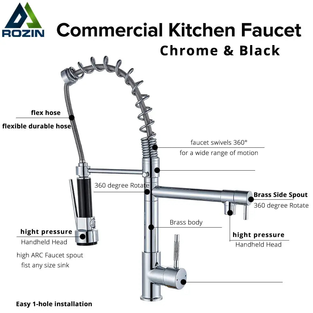 Rozin chrome kitchen faucet with spring pull-down hose, dual spout, deck-mounted installation.