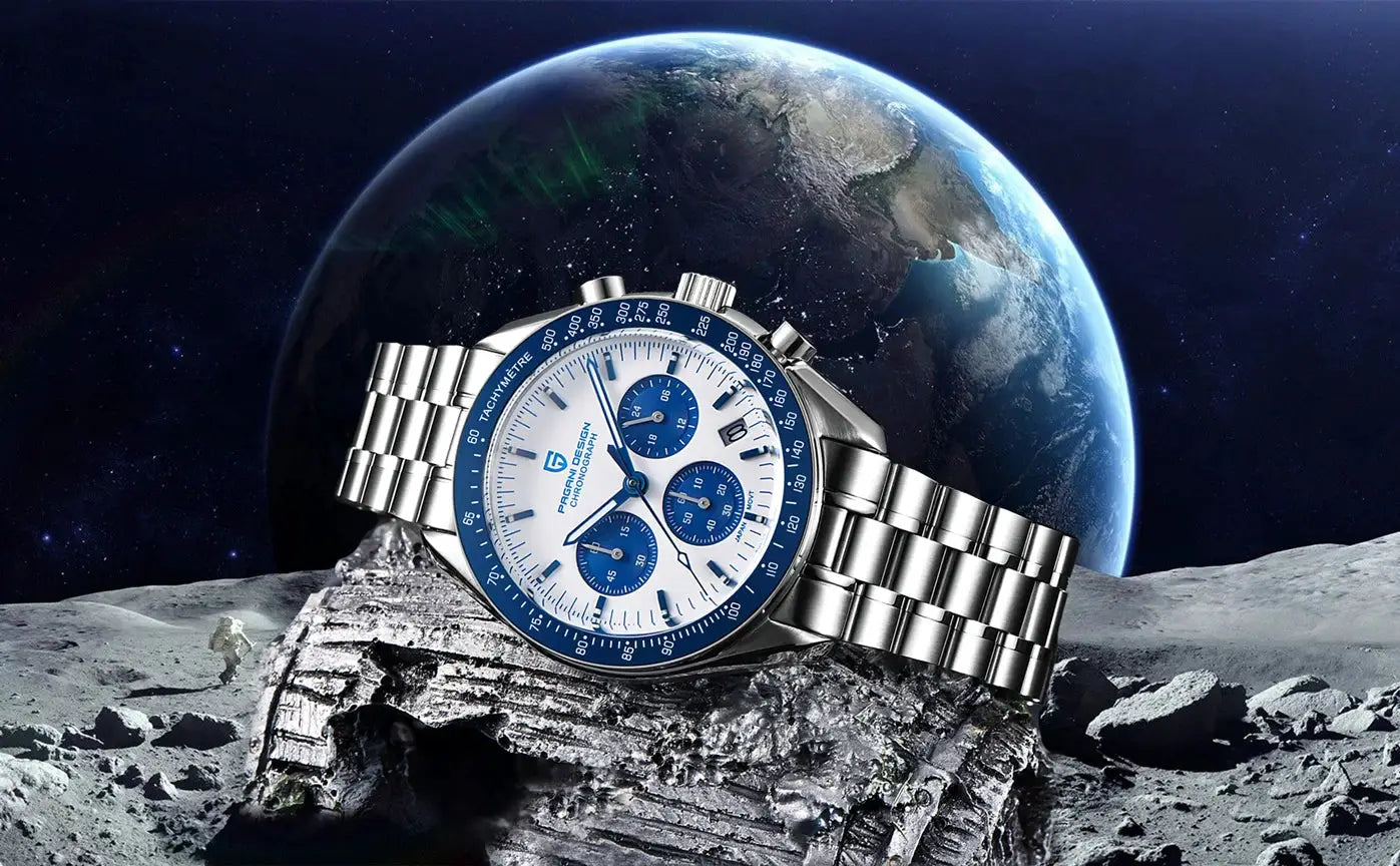 PAGANI DESIGN men's chronograph watch with stainless steel bracelet and blue bezel on a lunar surface.