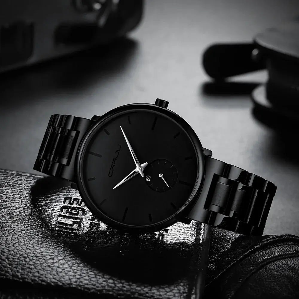 CRRJU men's stainless steel wristwatch with black dial and bracelet, waterproof sport watch