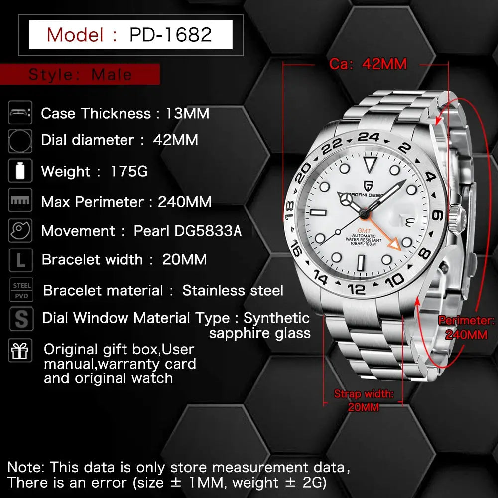 Pagani Design PD1682 GMT Diver Watch 42mm Sapphire Crystal Automatic Mechanical 100m Water Resistant