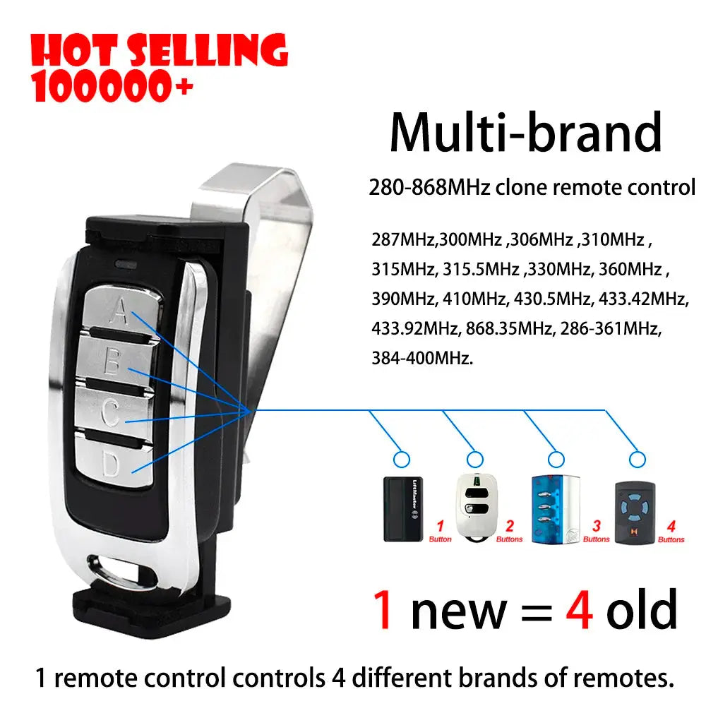 4-in-1 garage remote transmitter, black housing with four silver buttons labeled A-D