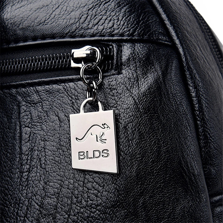 Genuine women's soft black leather backpack with silver zipper and BLDS metal tag