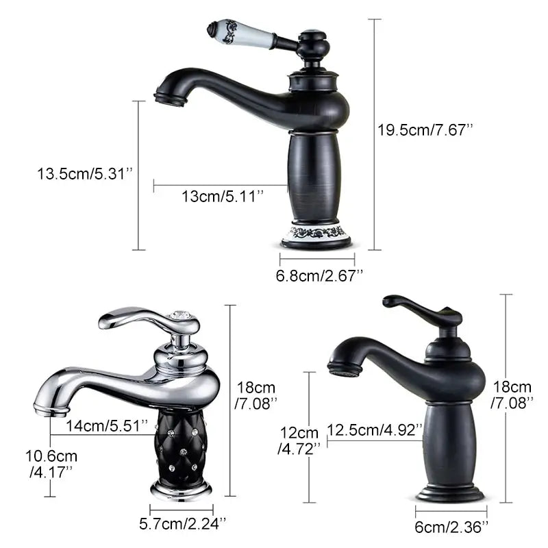 Bathroom faucet set in antique bronze, chrome, and matte black finishes; three solid-brass taps by Simples Market ELFCT001.