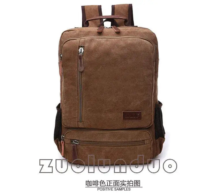 Canvas backpack by Simples Market in brown with large capacity and front vertical zip pocket