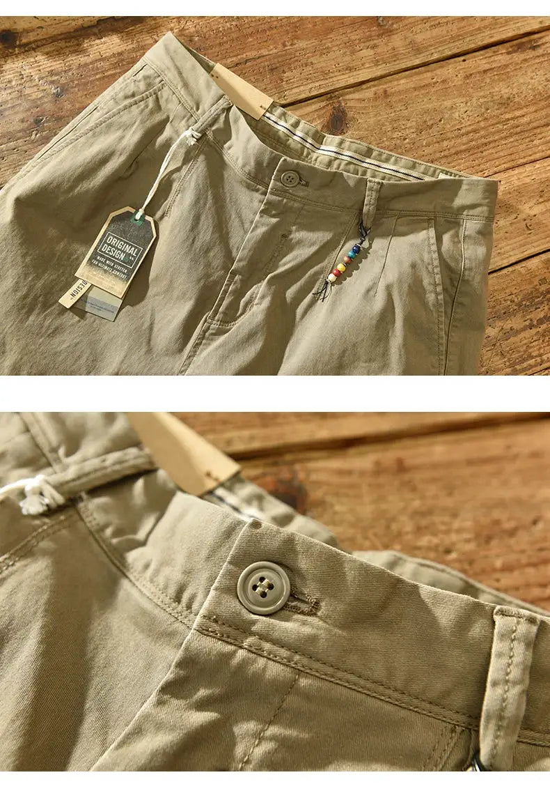 HIQOR 2026 men's pure cotton cargo pants, khaki, Korean-style casual loose mid-waist, Simples Market