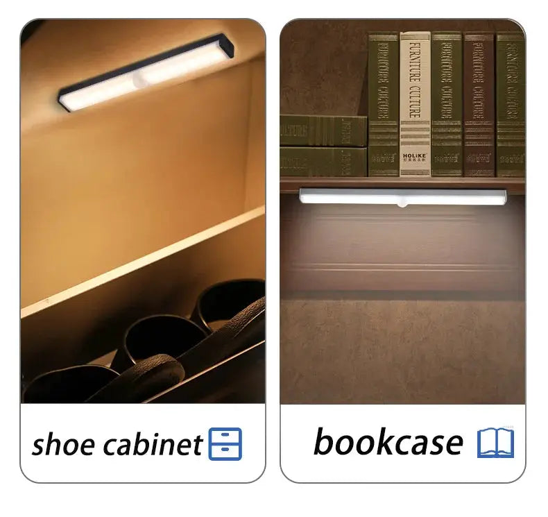 LED motion sensor under-cabinet light, white bar; wireless USB, Simples Market, shown under shoe cabinet and bookcase