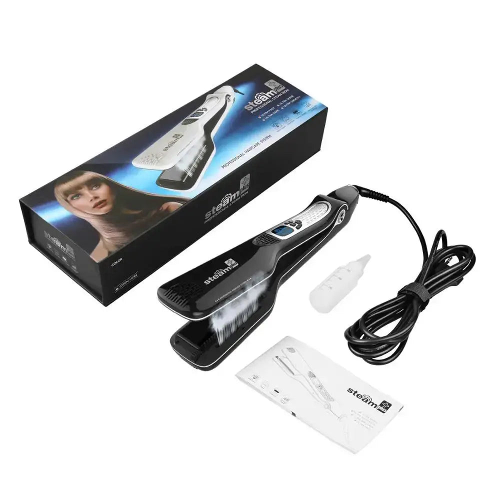 Professional steam flat iron by Simples Market with titanium plates, dual voltage, shown with box and accessories.