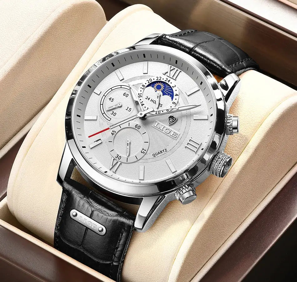 LIGE men's luxury quartz watch with silver case, black leather strap, multiple subdials, in a presentation box