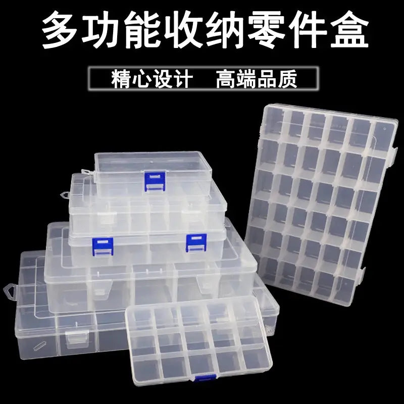 Clear plastic 10-slot storage organizer with blue latches for portable jewelry and beads