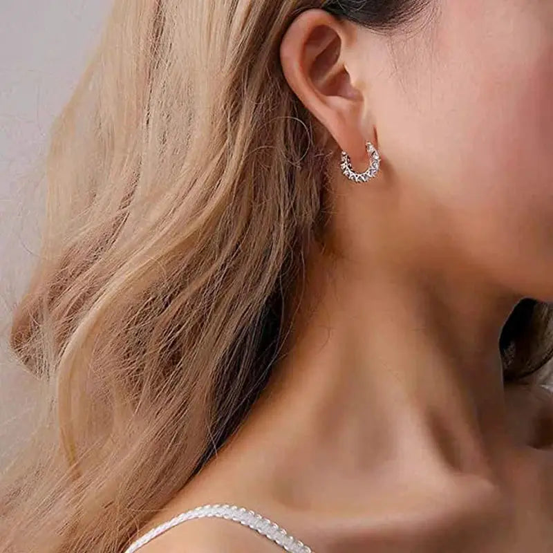 Huitan full paved crystal CZ hoop earrings, silver-tone for women, Simples Market
