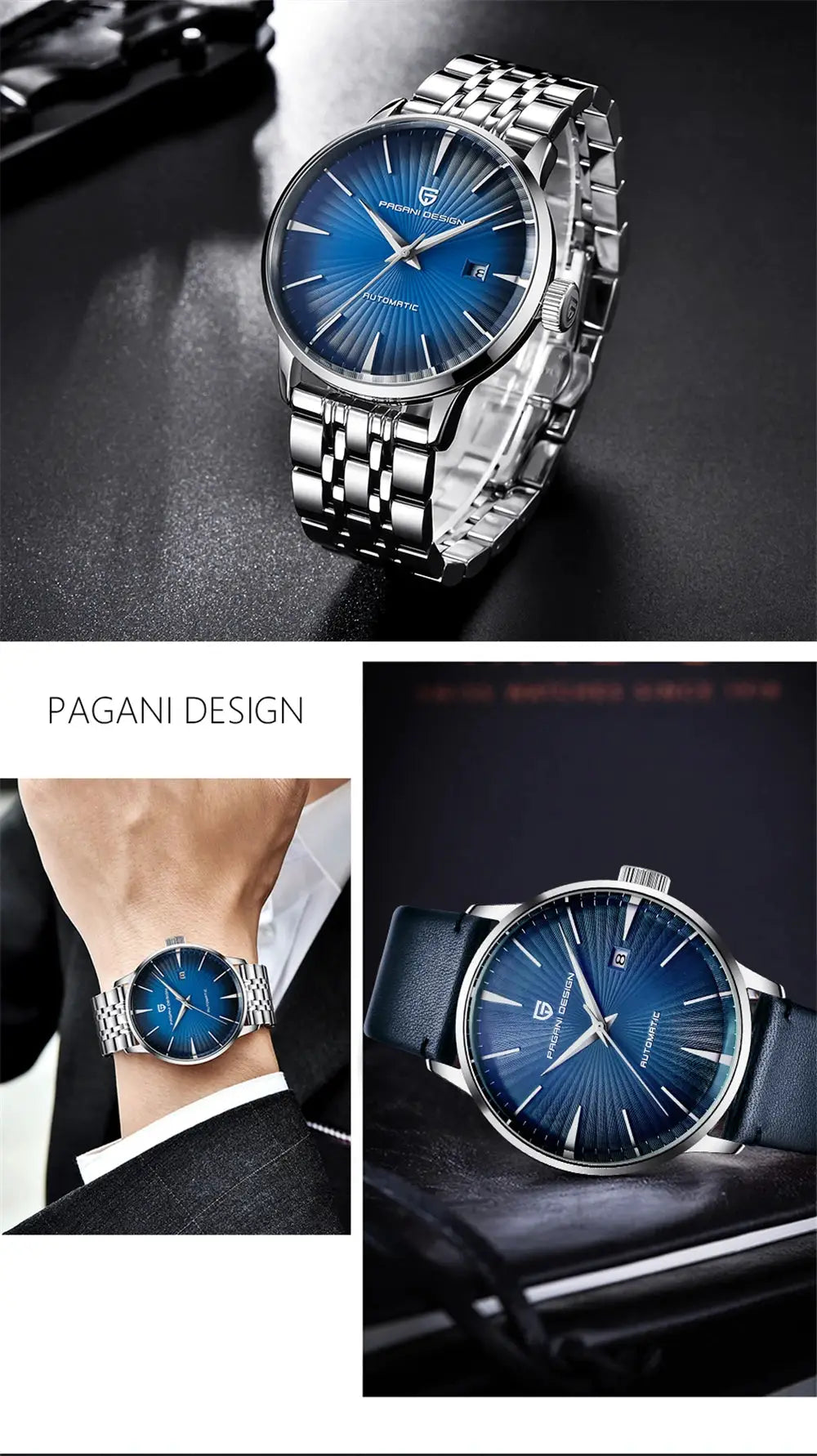 Pagani Design men's blue dial automatic stainless steel watch with silver bracelet