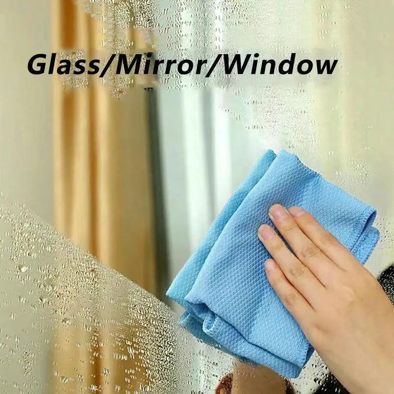 5-piece blue microfiber cleaning cloth set for windows and glass; highly absorbent and anti-grease.