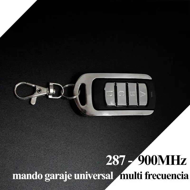 4 in 1 garage remote key fob with silver metal body and black grip, four buttons A-D.