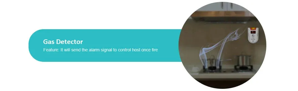 Gas detector banner featuring teal rounded label and a stove flame image.