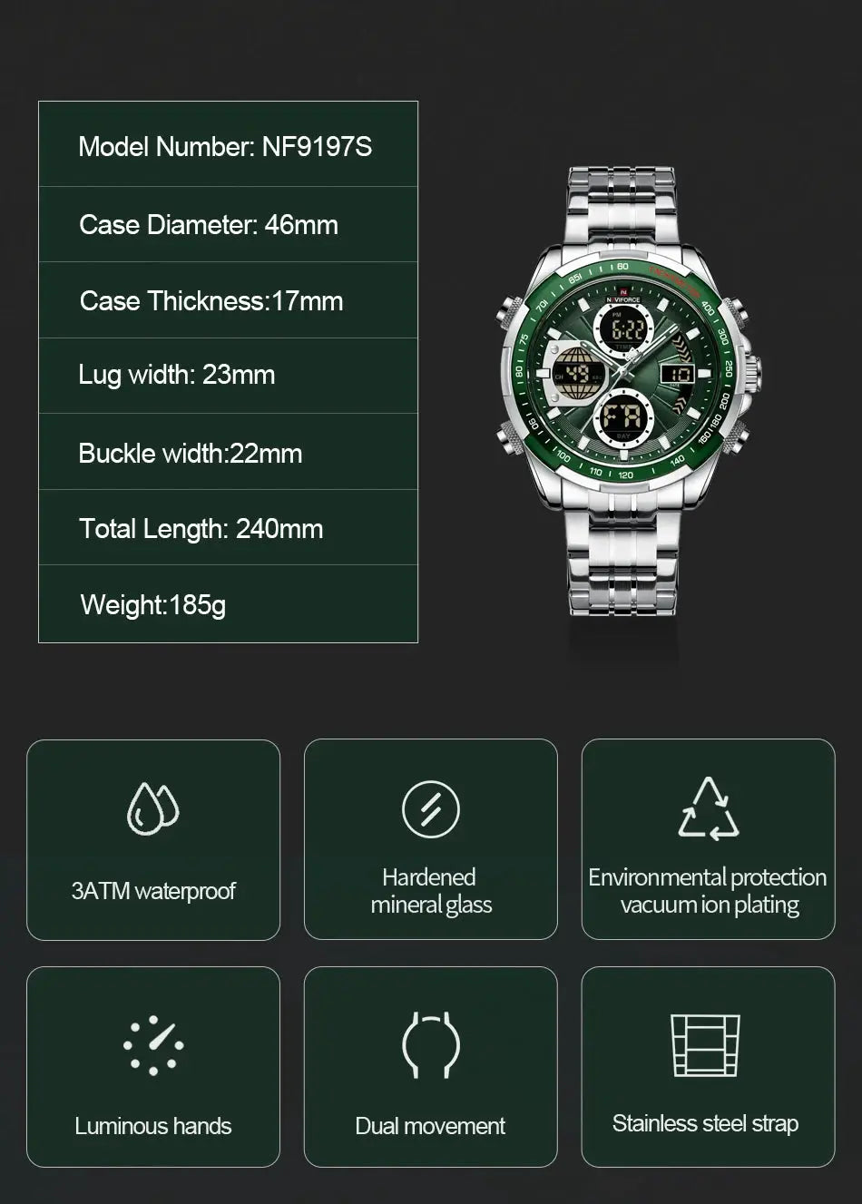 NAVIFORCE men's stainless steel wristwatch with green bezel, 46mm case, dual-display quartz, luminous hands