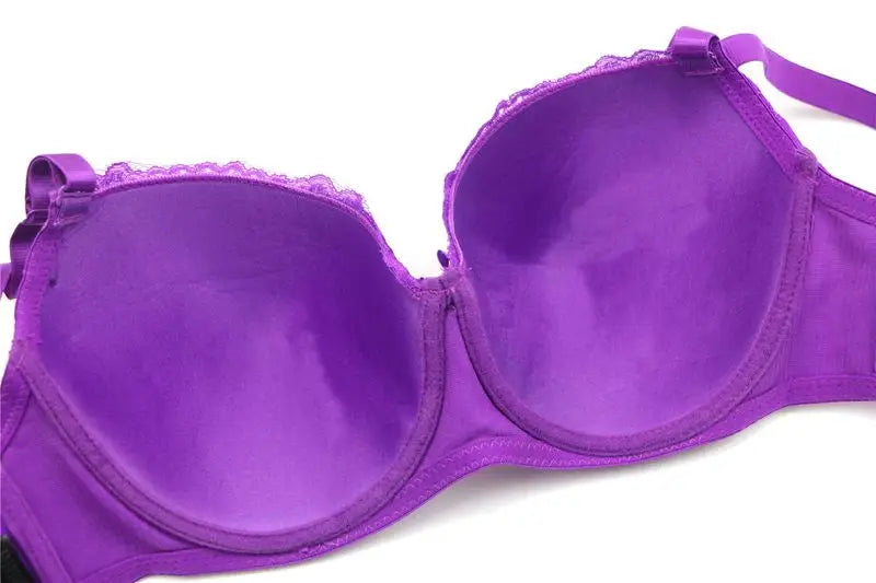 Purple seamless unlined bra with lace trim and full-coverage cups; underwire support, women's underwear
