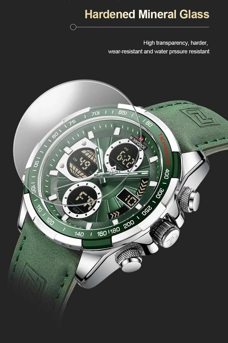 NAVIFORCE men's military-style chronograph watch with green dial and green strap, stainless steel case, mineral glass