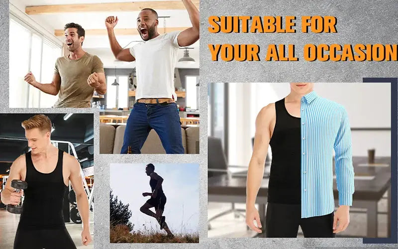 Mens slimming body shaper shapewear for abdomen compression; six looks with black tanks and blue striped shirts.