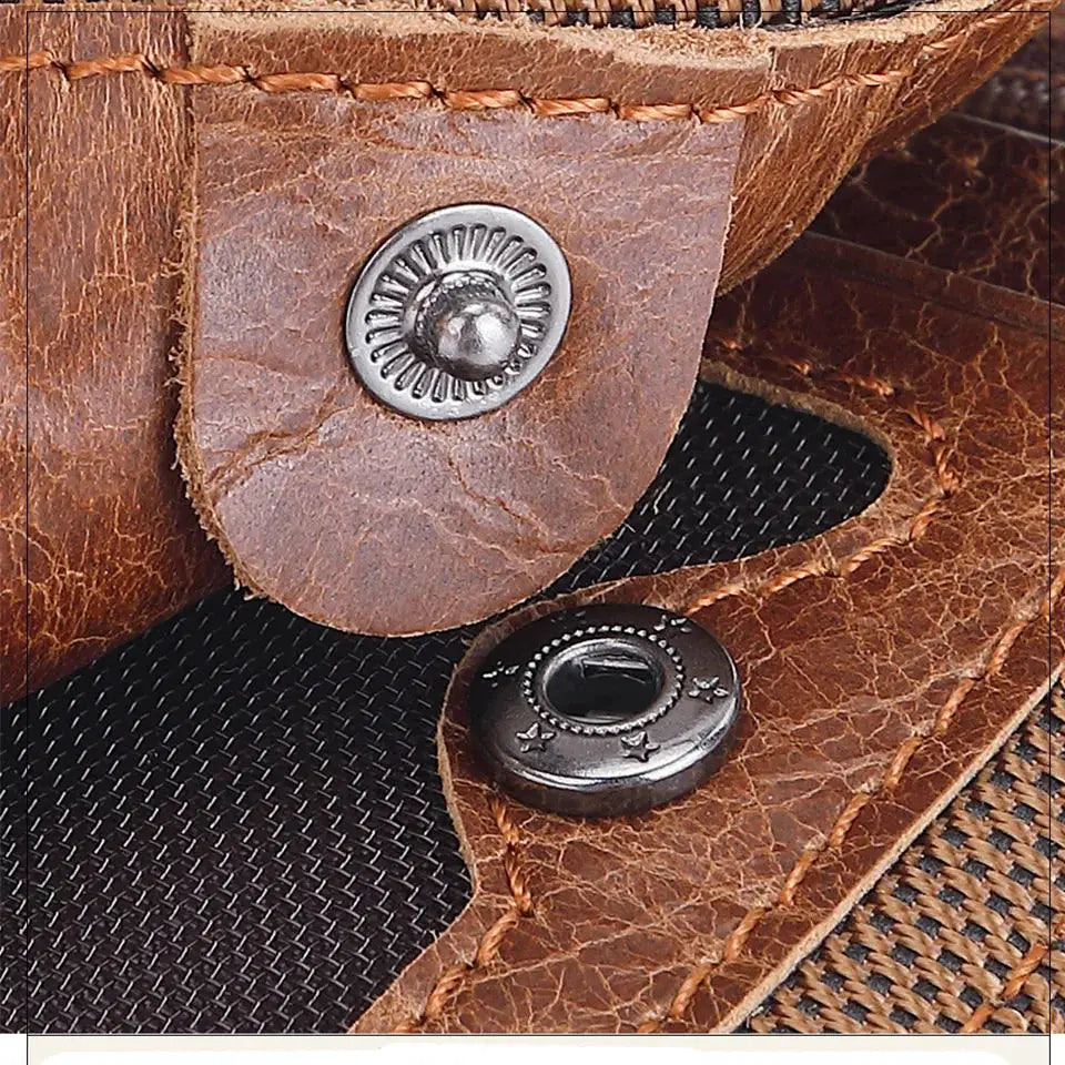 Men's genuine brown cow leather wallet with snap closure and strap detail