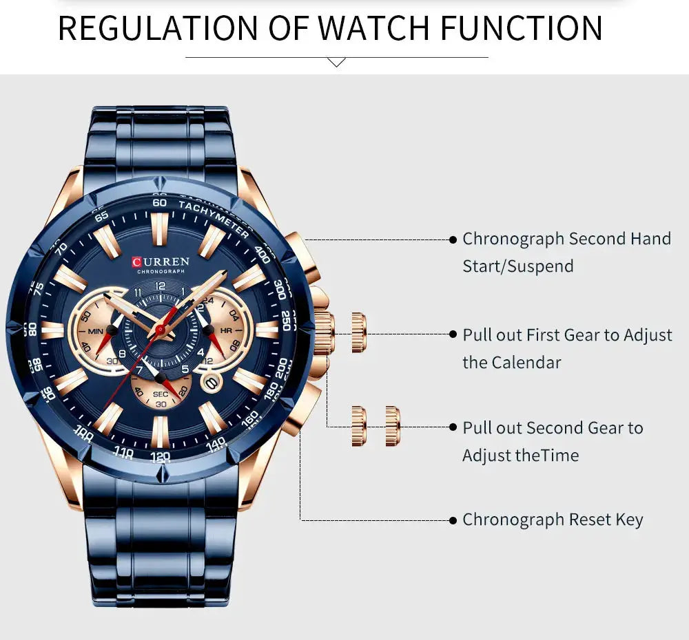 Curren men's chronograph watch with blue dial, gold-tone case and blue stainless steel band, luminous pointers