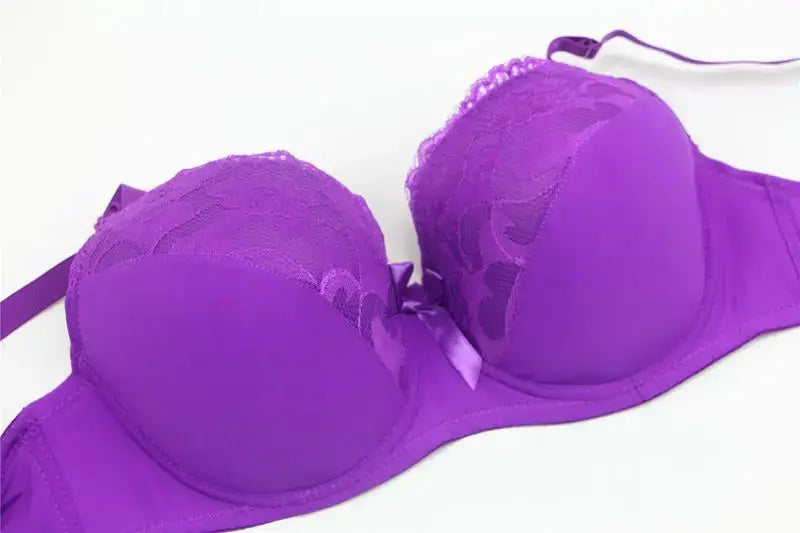 Purple lace bra with full-coverage cups and underwire