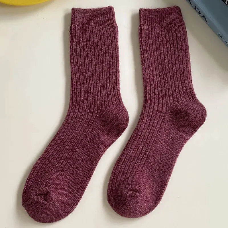 CHAOZHU Thick Warm Merino Wool Rib Socks For Women Solid Colors Loose Fit Japanese Korea Fashion Winter