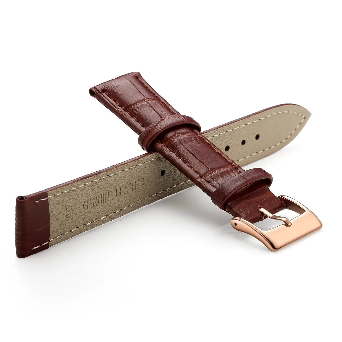 Premium genuine leather watchband by Simples Market, brown croc-embossed strap with beige lining and rose-gold buckle