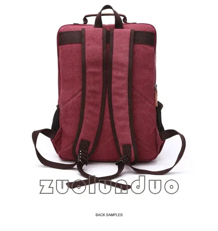 Vintage canvas backpack by Simples Market in burgundy with dark brown straps, large-capacity travel bag