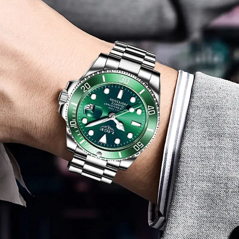 LIGE Luxury Fashion Diver Watch For Men 30ATM Waterproof Quartz Date Stainless Steel Wristwatch