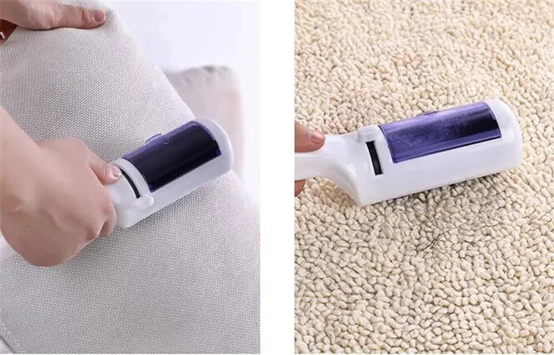 Simples Market handheld electrostatic hair remover brush with purple window; removes pet hair from upholstery and carpet.