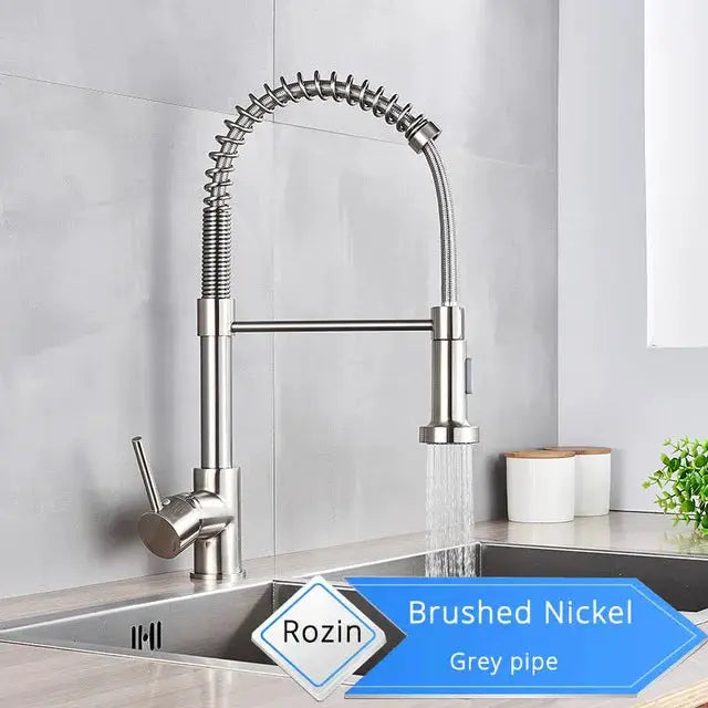 Rozin Brushed Nickel kitchen faucet, deck-mounted mixer with flexible spring pull-down nozzle and 360° rotation.