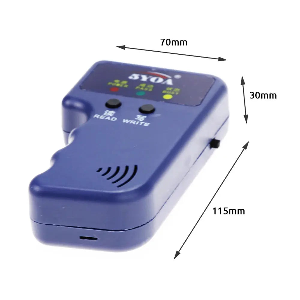 125KHz RFID duplicator by Simples Market; blue handheld device with read/write buttons.