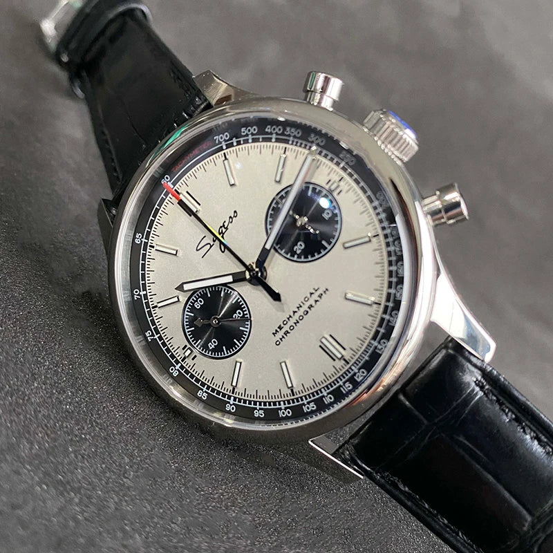 Pilot mechanical chronograph watch, limited edition, panda dial, 40mm stainless steel case, black leather strap