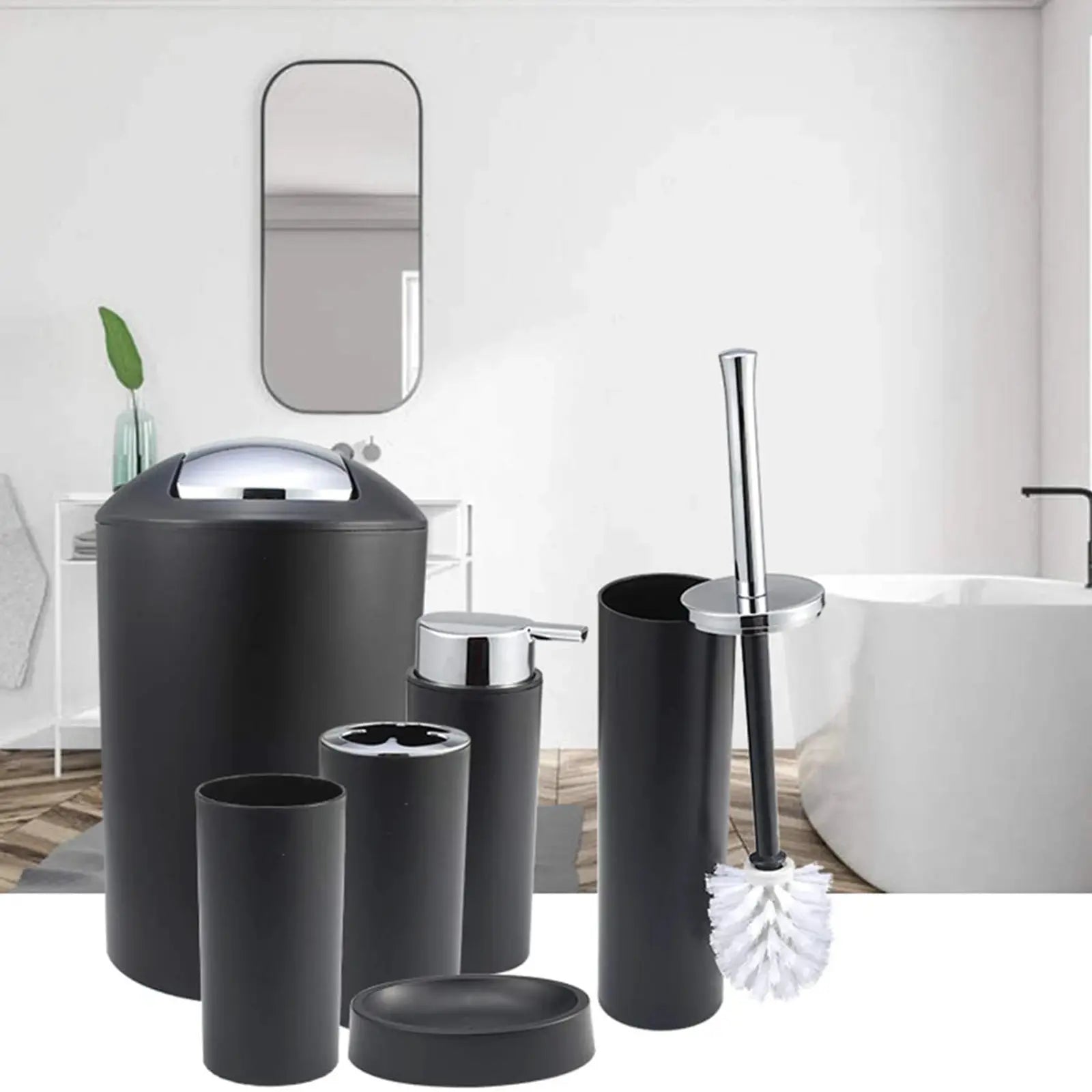 Simples Market 6-piece black plastic bathroom set: trash can with lid, toilet brush, soap dispenser, and soap dish